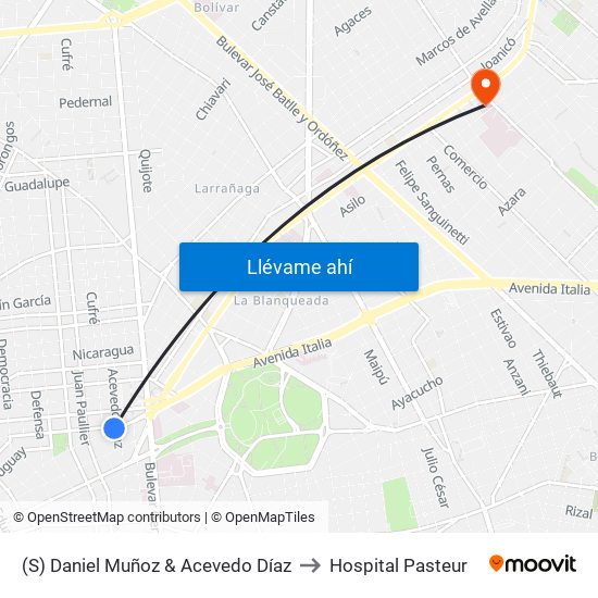 (S) Daniel Muñoz & Acevedo Díaz to Hospital Pasteur map