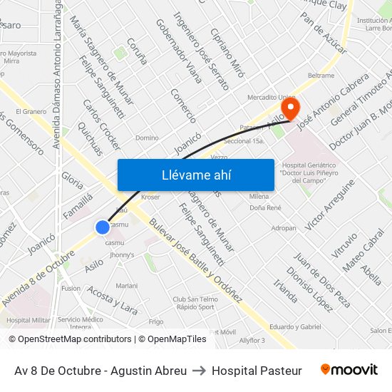 Av 8 De Octubre - Agustin Abreu to Hospital Pasteur map