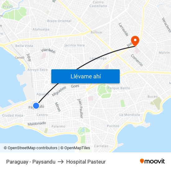 Paraguay - Paysandu to Hospital Pasteur map