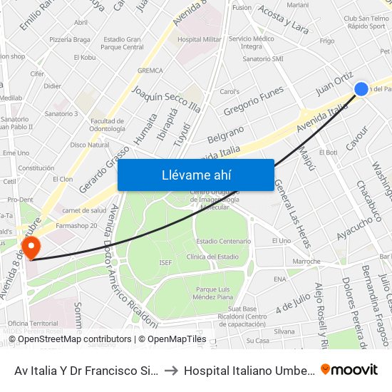 Av Italia Y Dr Francisco Simon to Hospital Italiano Umberto I map