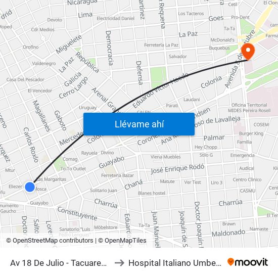 Av 18 De Julio - Tacuarembo to Hospital Italiano Umberto I map