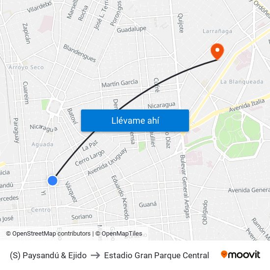 (S) Paysandú & Ejido to Estadio Gran Parque Central map