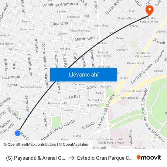 (S) Paysandú & Arenal Grande to Estadio Gran Parque Central map