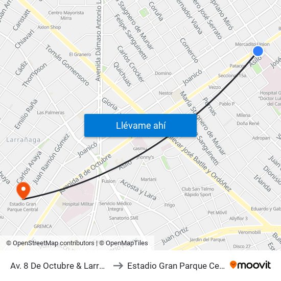 Av. 8 De Octubre & Larravide to Estadio Gran Parque Central map