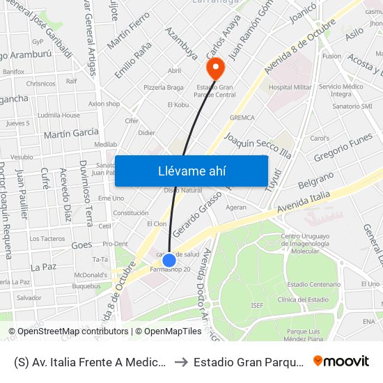 (S) Av. Italia Frente A Medica Uruguaya to Estadio Gran Parque Central map