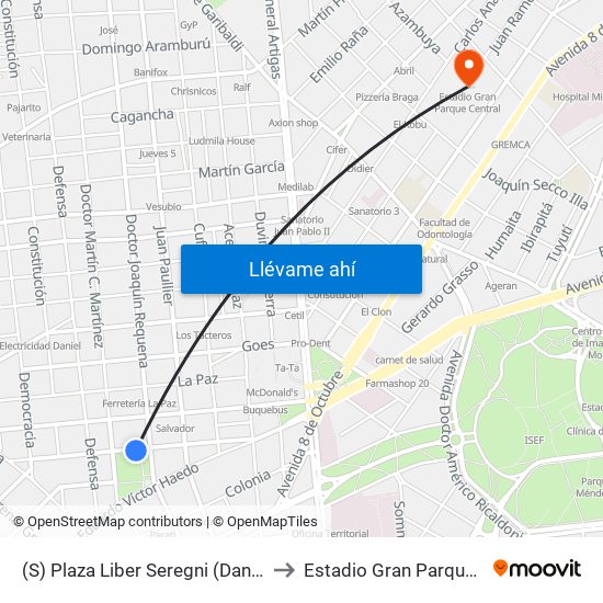 (S) Plaza Liber Seregni (Daniel Muñoz) to Estadio Gran Parque Central map