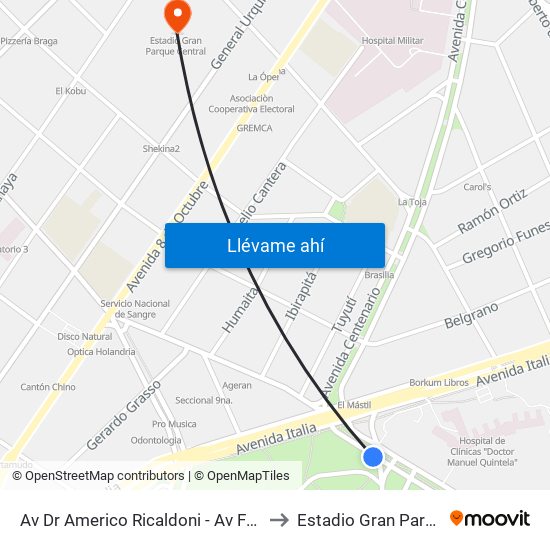 Av Dr Americo Ricaldoni - Av Federico R Vidiella to Estadio Gran Parque Central map