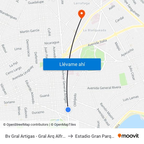 Bv Gral Artigas - Gral Arq Alfredo Baldomir to Estadio Gran Parque Central map