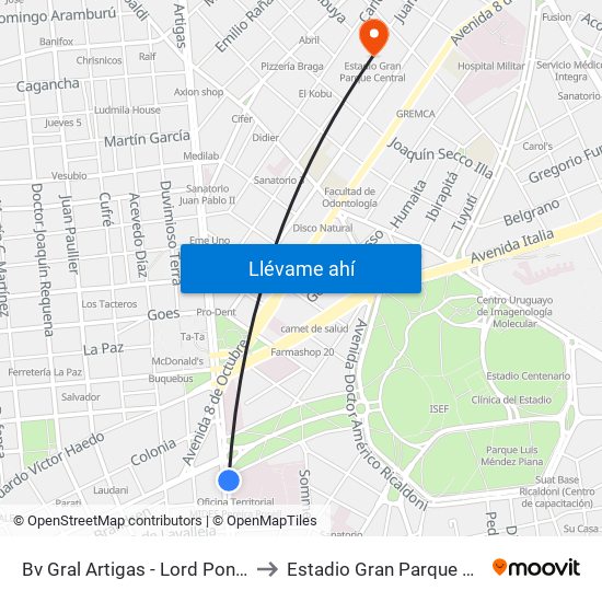 Bv Gral Artigas - Lord Ponsomby to Estadio Gran Parque Central map