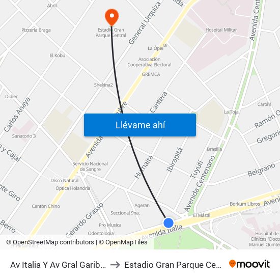 Av Italia Y Av Gral Garibaldi to Estadio Gran Parque Central map