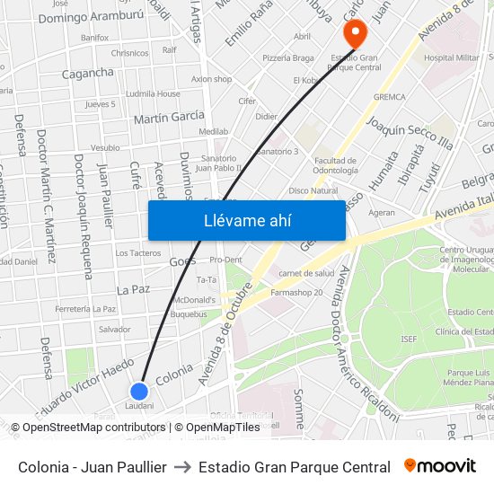 Colonia - Juan Paullier to Estadio Gran Parque Central map