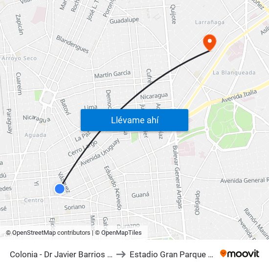 Colonia - Dr Javier Barrios Amorin to Estadio Gran Parque Central map