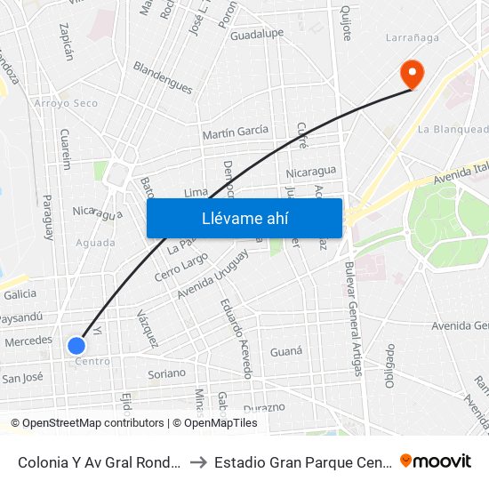 Colonia Y Av Gral Rondeau to Estadio Gran Parque Central map