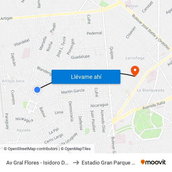 Av Gral Flores - Isidoro De Maria to Estadio Gran Parque Central map
