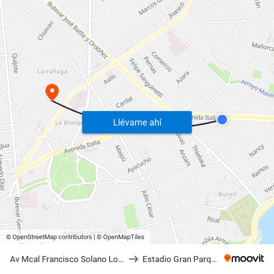 Av Mcal Francisco Solano Lopez - Av Italia to Estadio Gran Parque Central map