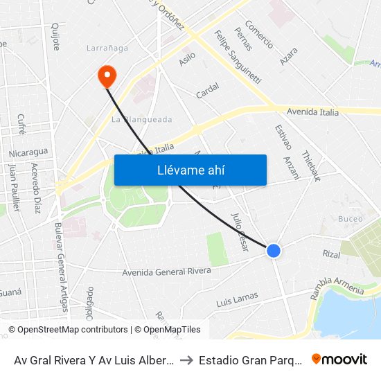 Av Gral Rivera Y Av Luis Alberto De Herrera to Estadio Gran Parque Central map