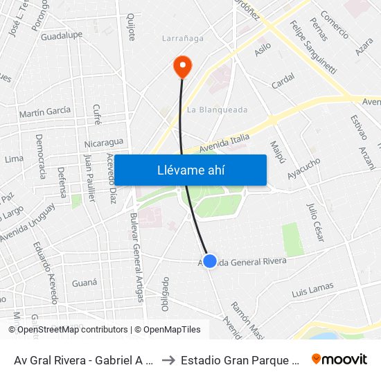 Av Gral Rivera - Gabriel A Pereira to Estadio Gran Parque Central map