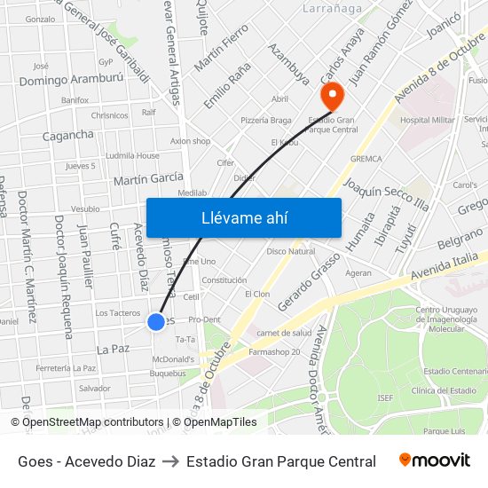 Goes - Acevedo Diaz to Estadio Gran Parque Central map