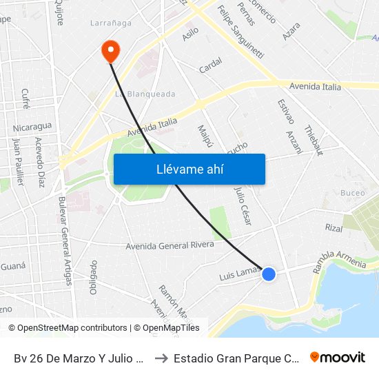 Bv 26 De Marzo Y Julio Cesar to Estadio Gran Parque Central map