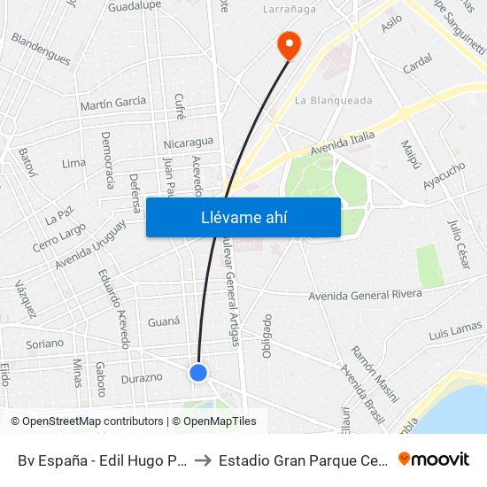 Bv España - Edil Hugo Prato to Estadio Gran Parque Central map