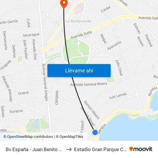 Bv España - Juan Benito Blanco to Estadio Gran Parque Central map