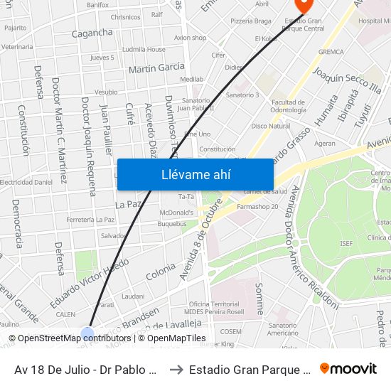 Av 18 De Julio - Dr Pablo De Maria to Estadio Gran Parque Central map