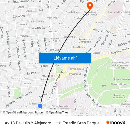 Av 18 De Julio Y Alejandro Beisso to Estadio Gran Parque Central map