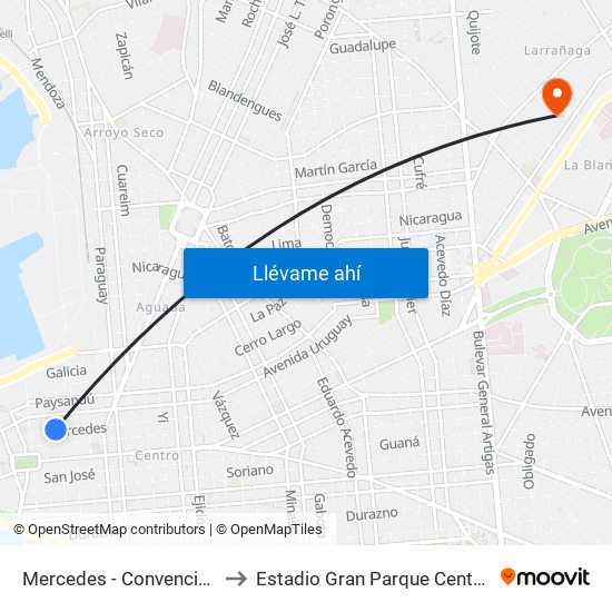 Mercedes - Convencion to Estadio Gran Parque Central map