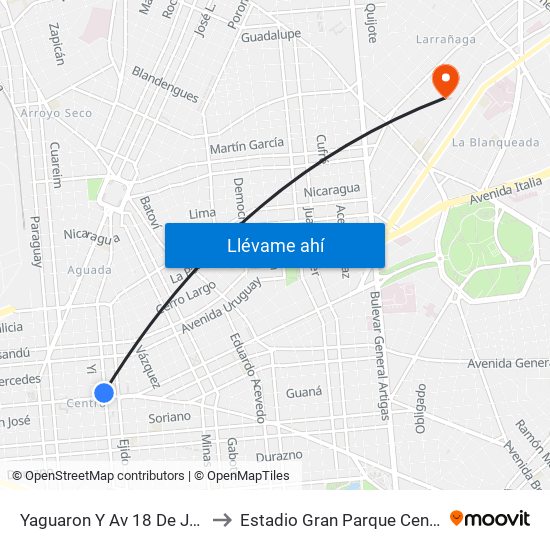 Yaguaron Y Av 18 De Julio to Estadio Gran Parque Central map