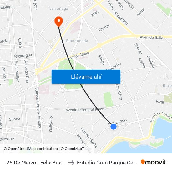 26 De Marzo - Felix Buxareo to Estadio Gran Parque Central map