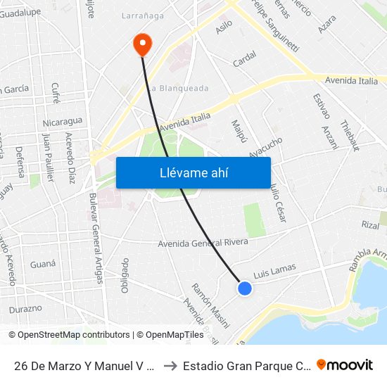 26 De Marzo Y Manuel V Pagola to Estadio Gran Parque Central map