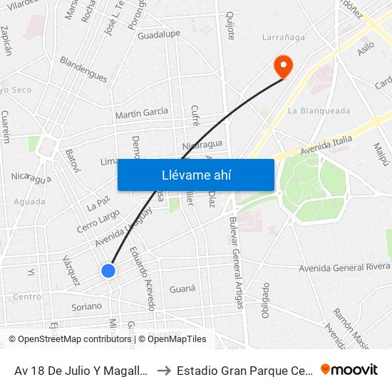 Av 18 De Julio Y Magallanes to Estadio Gran Parque Central map