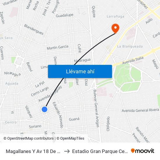 Magallanes Y Av 18 De Julio to Estadio Gran Parque Central map