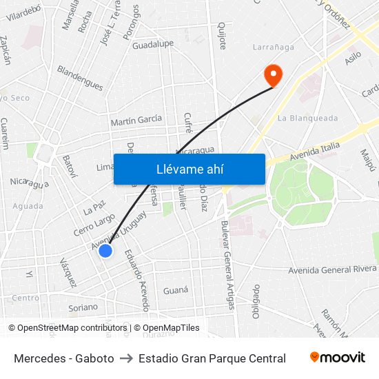 Mercedes - Gaboto to Estadio Gran Parque Central map