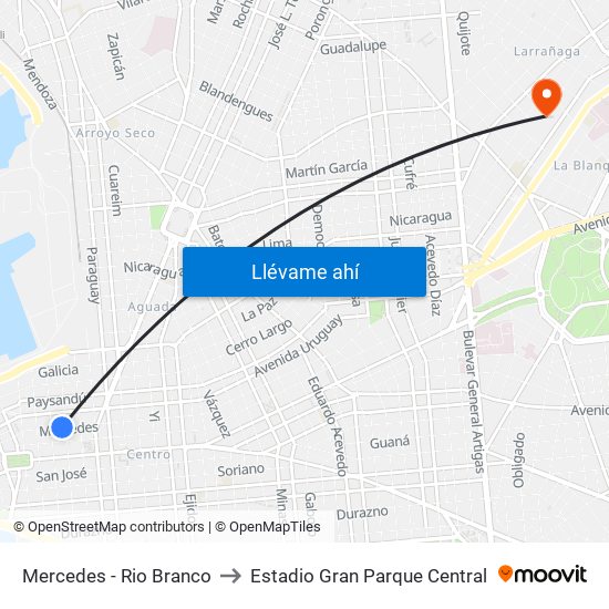 Mercedes - Rio Branco to Estadio Gran Parque Central map