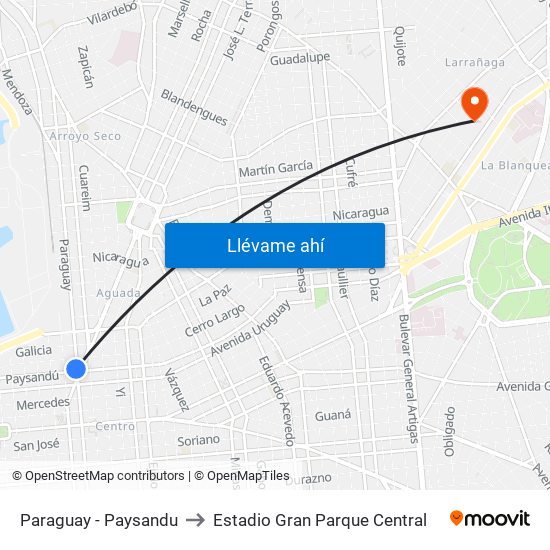 Paraguay - Paysandu to Estadio Gran Parque Central map