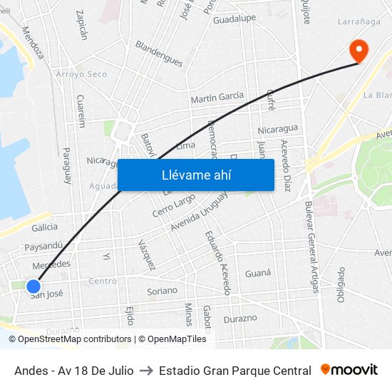 Andes - Av 18 De Julio to Estadio Gran Parque Central map