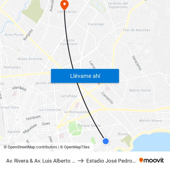 Av. Rivera & Av. Luis Alberto De Herrera to Estadio José Pedro Damiani map