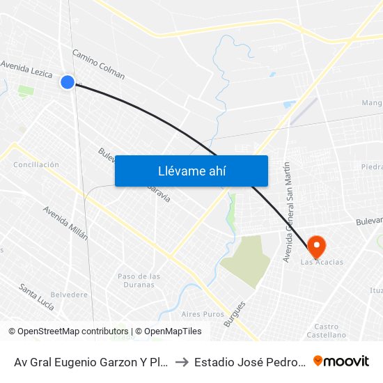 Av Gral Eugenio Garzon Y Plaza Vidiella to Estadio José Pedro Damiani map
