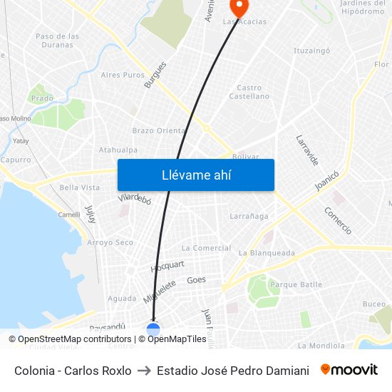 Colonia - Carlos Roxlo to Estadio José Pedro Damiani map