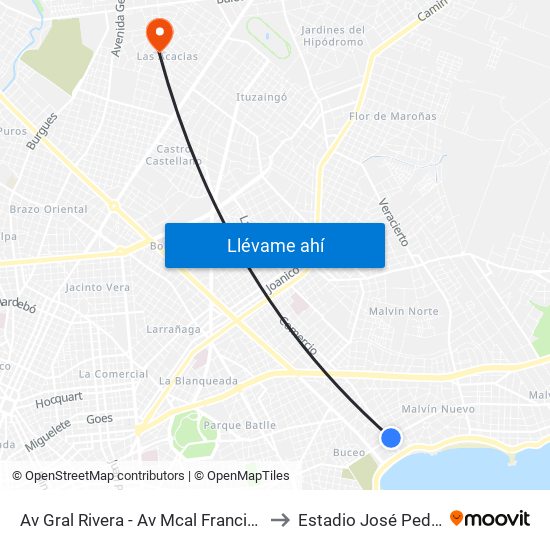 Av Gral Rivera - Av Mcal Francisco Solano Lopez to Estadio José Pedro Damiani map