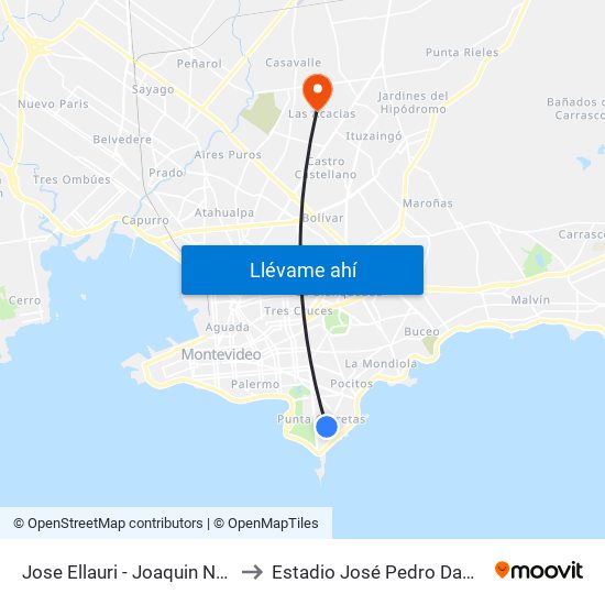 Jose Ellauri - Joaquin Nuñez to Estadio José Pedro Damiani map
