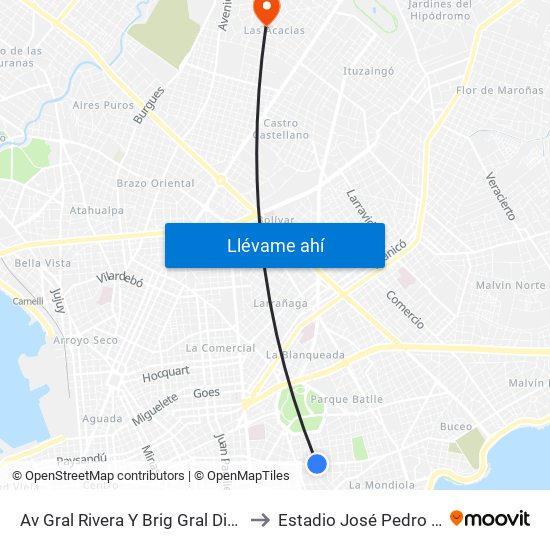 Av Gral Rivera Y Brig Gral Diego Lamas to Estadio José Pedro Damiani map