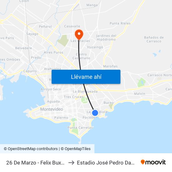 26 De Marzo - Felix Buxareo to Estadio José Pedro Damiani map