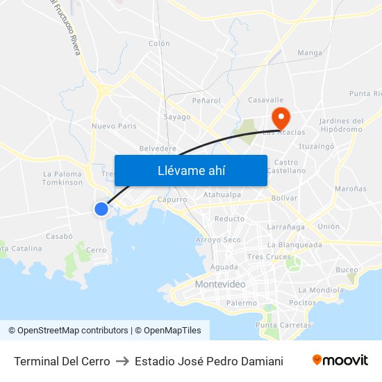 Terminal Del Cerro to Estadio José Pedro Damiani map