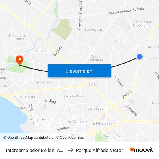 Intercambiador Belloni Andén 4 to Parque Alfredo Víctor Viera map