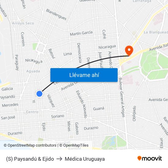 (S) Paysandú & Ejido to Médica Uruguaya map