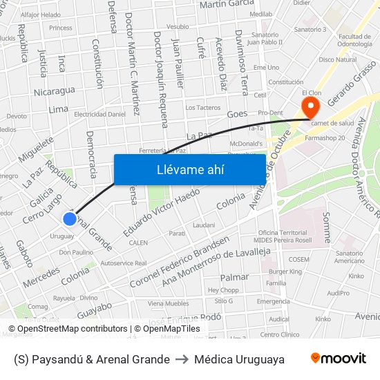 (S) Paysandú & Arenal Grande to Médica Uruguaya map