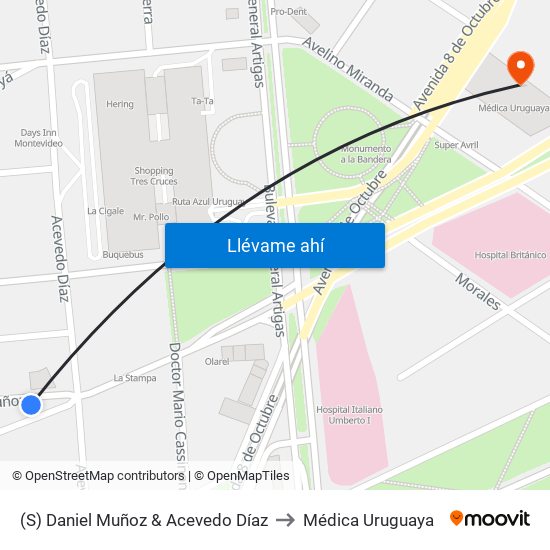 (S) Daniel Muñoz & Acevedo Díaz to Médica Uruguaya map