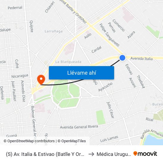 (S) Av. Italia & Estivao (Batlle Y Ordóñez) to Médica Uruguaya map